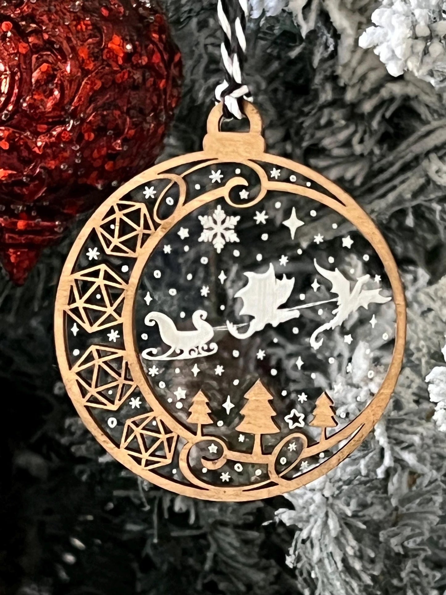 Clear Dragon Sleigh D20 DND Dice Game Christmas Ornament