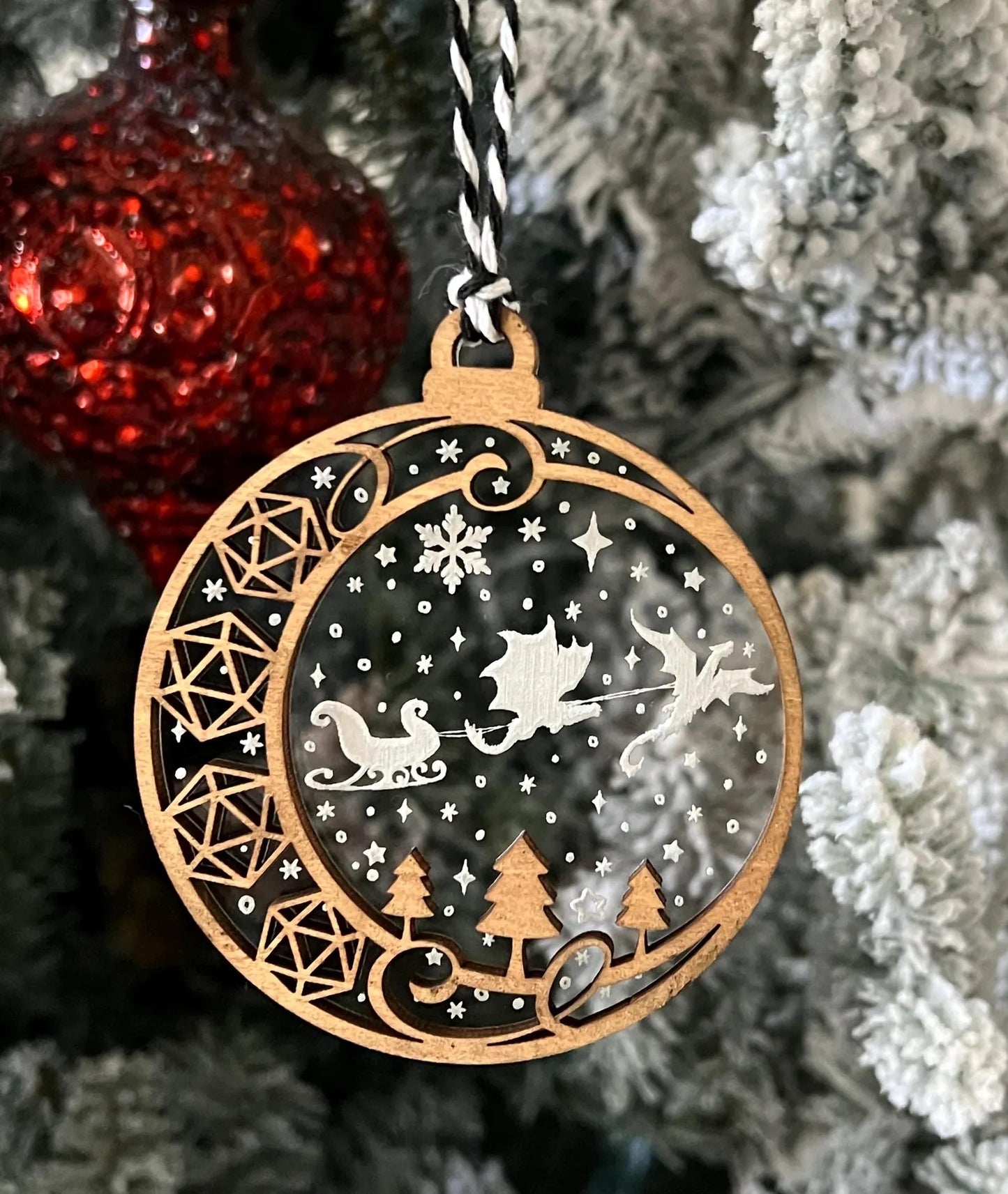 Clear Dragon Sleigh D20 DND Dice Game Christmas Ornament