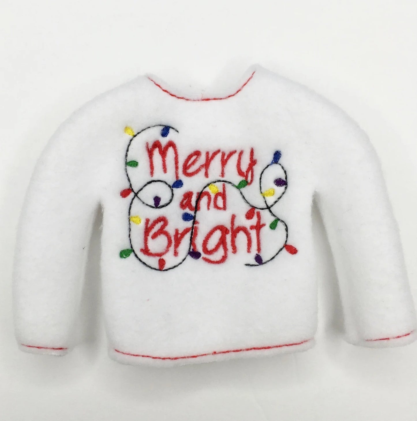 Merry and Bright Embroidered Christmas Elf Sweater Clothing Prop, Elf Clothes, 12" Doll Clothes Accessories, Christmas Ornament