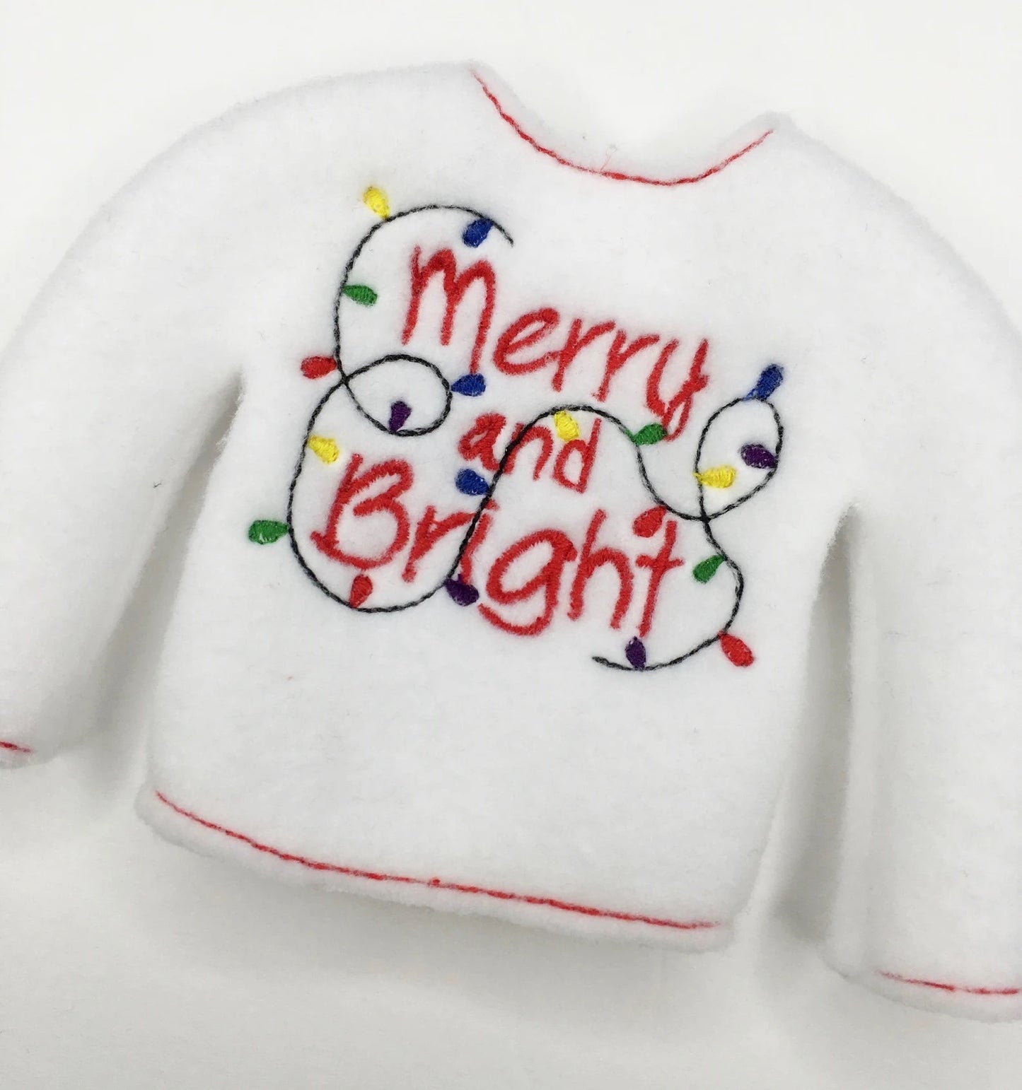 Merry and Bright Embroidered Christmas Elf Sweater Clothing Prop, Elf Clothes, 12" Doll Clothes Accessories, Christmas Ornament
