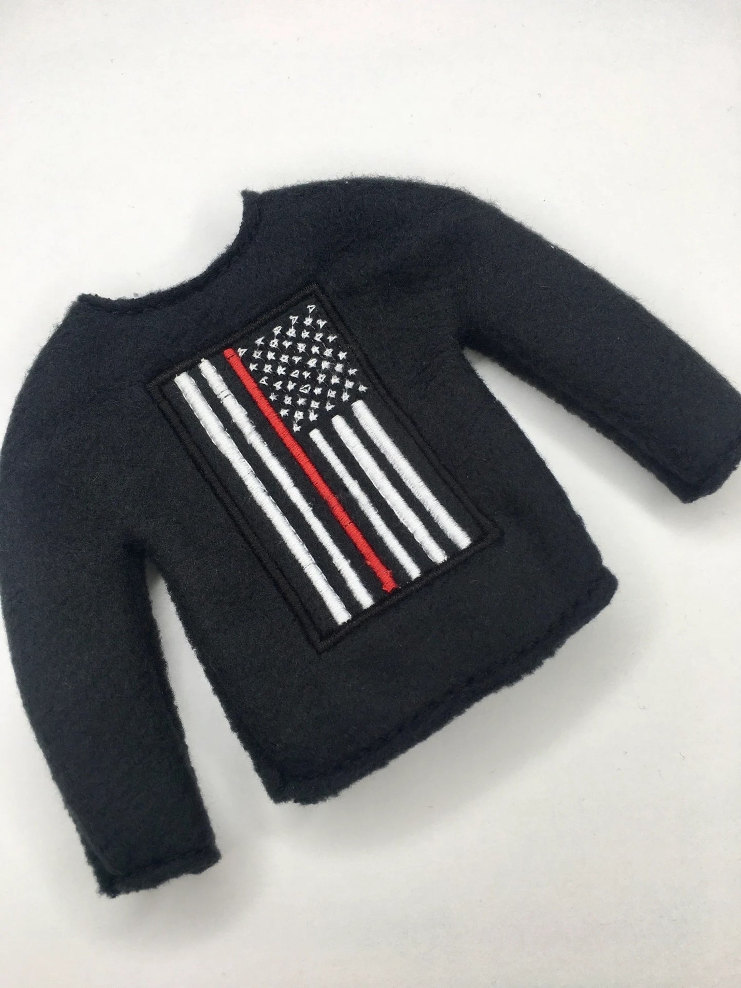 Thin Red Line Firefighter Embroidered Christmas Elf Sweater Clothing Prop, 12" Doll Clothes Accessories Fire American Flag Thin Blue Yellow Green Gray