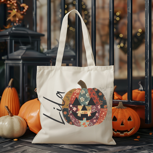 Personalized Patchwork Pumpkin Tote Bag – Boho Summerween Vibes