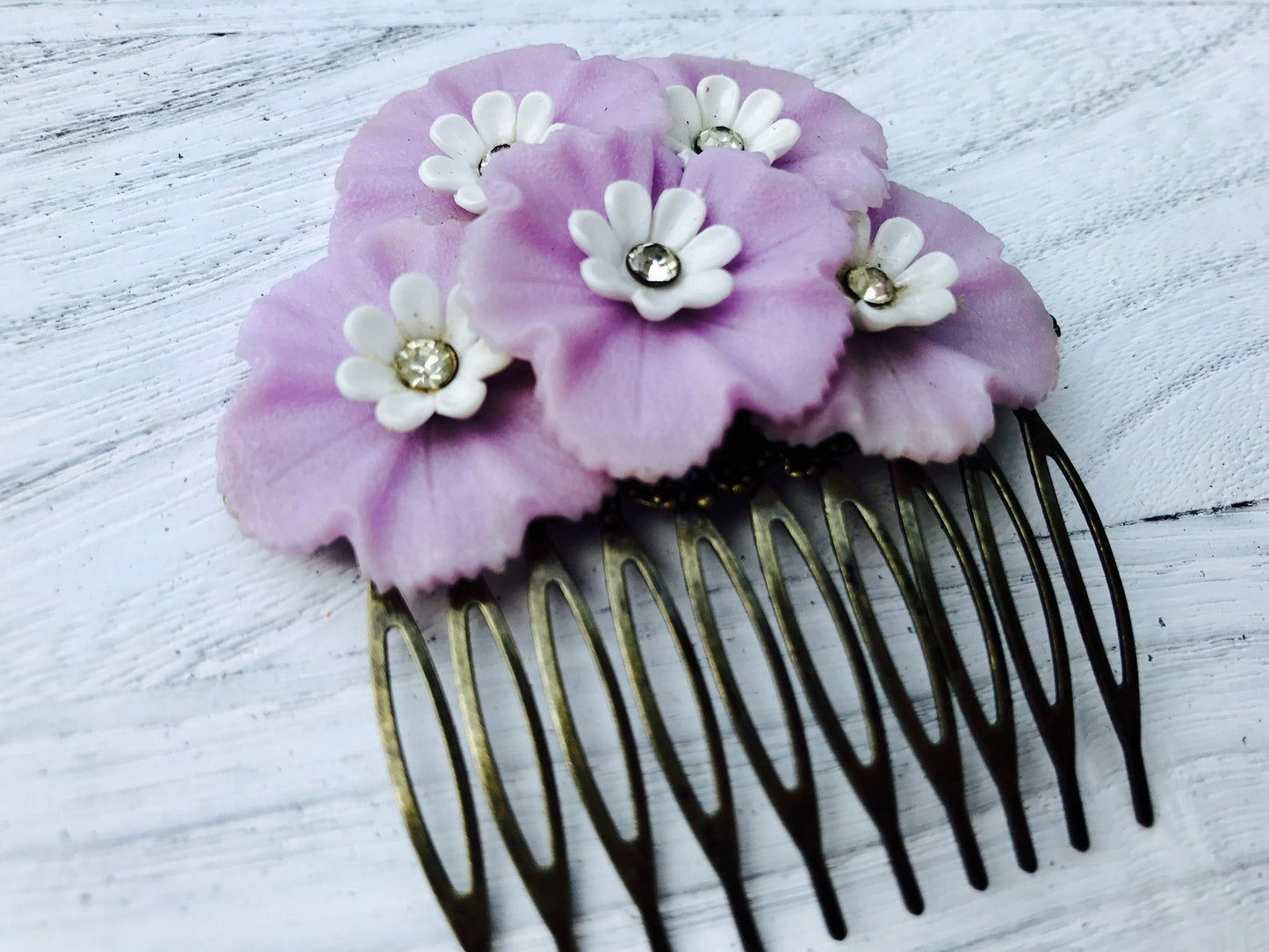 Vintage Purple Spring Floral Collage Hair Comb OOAK