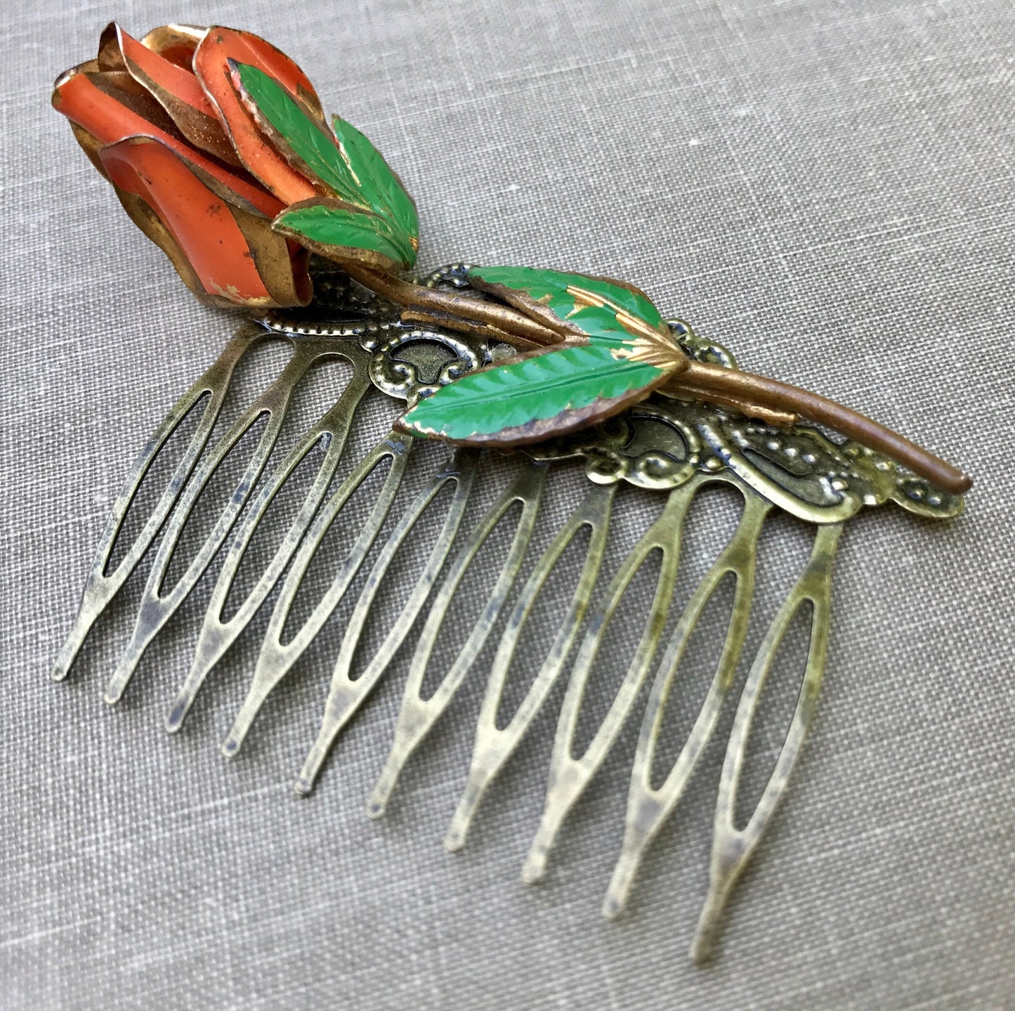 Vintage Orange Rose Spring Floral Collage Hair Comb OOAK