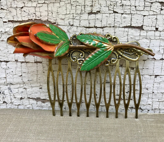 Vintage Orange Rose Spring Floral Collage Hair Comb OOAK