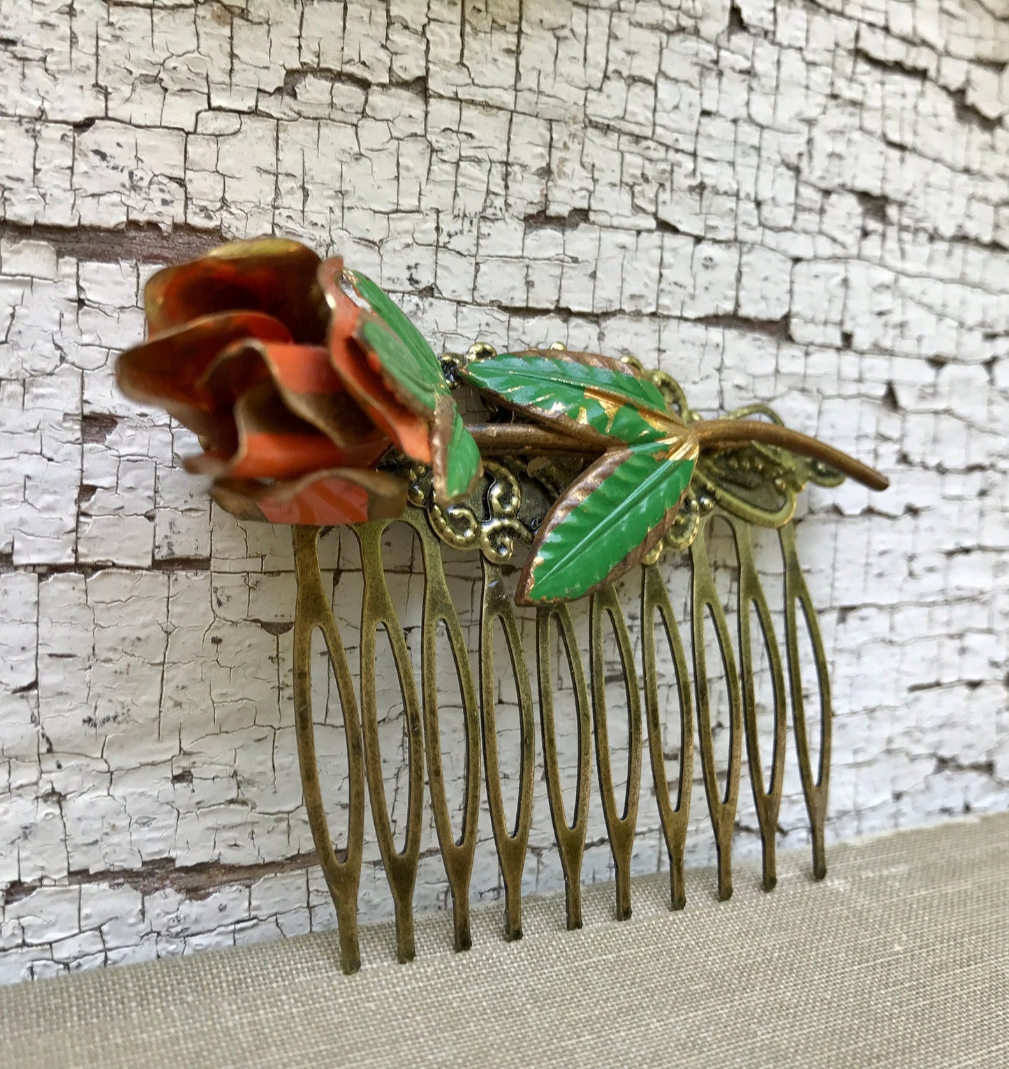 Vintage Orange Rose Spring Floral Collage Hair Comb OOAK