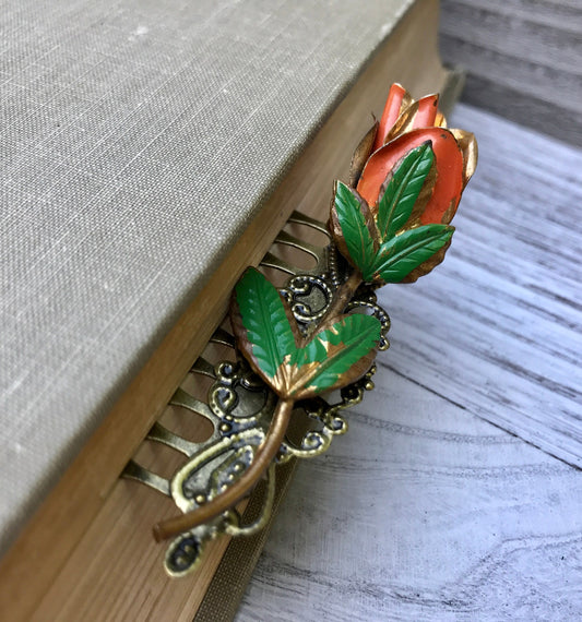 Vintage Orange Rose Spring Floral Collage Hair Comb OOAK