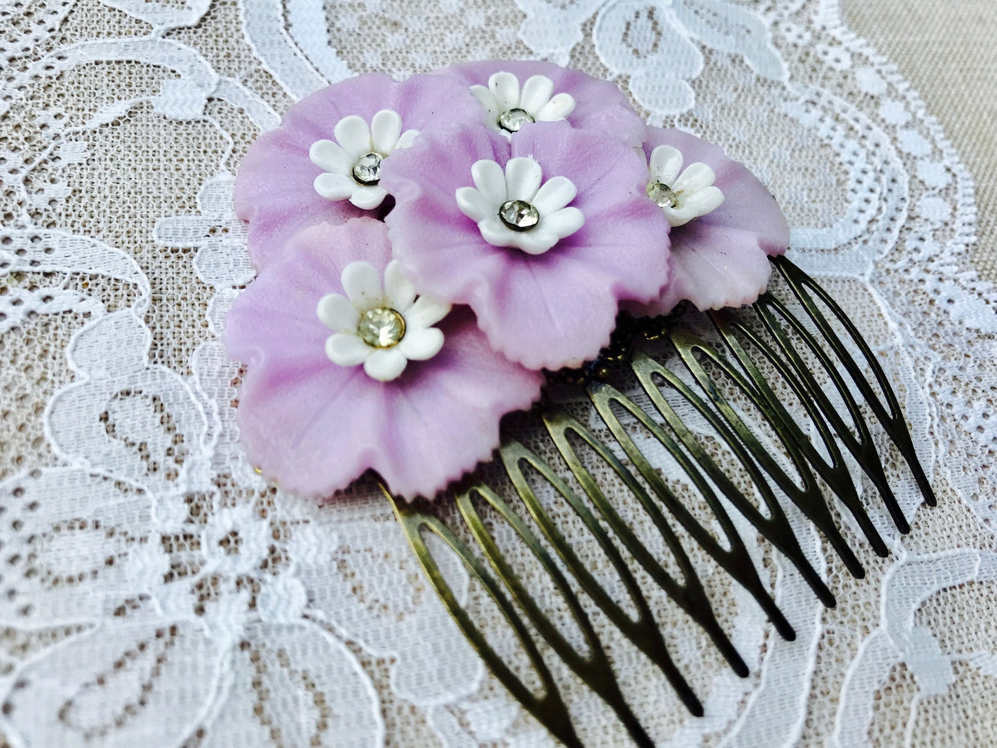 Vintage Purple Spring Floral Collage Hair Comb OOAK