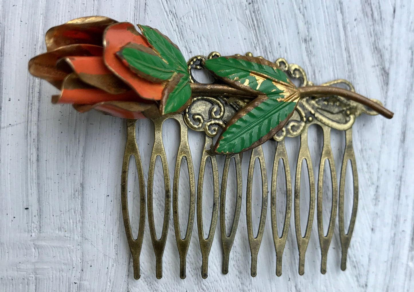 Vintage Orange Rose Spring Floral Collage Hair Comb OOAK