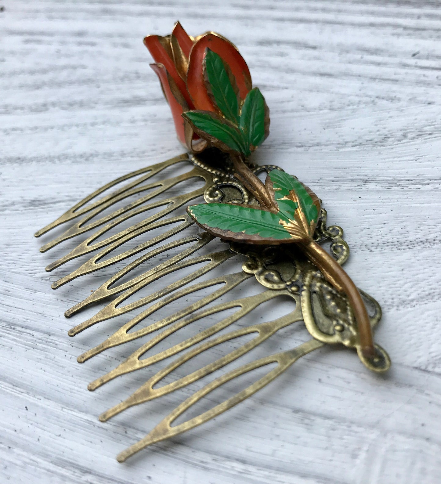 Vintage Orange Rose Spring Floral Collage Hair Comb OOAK