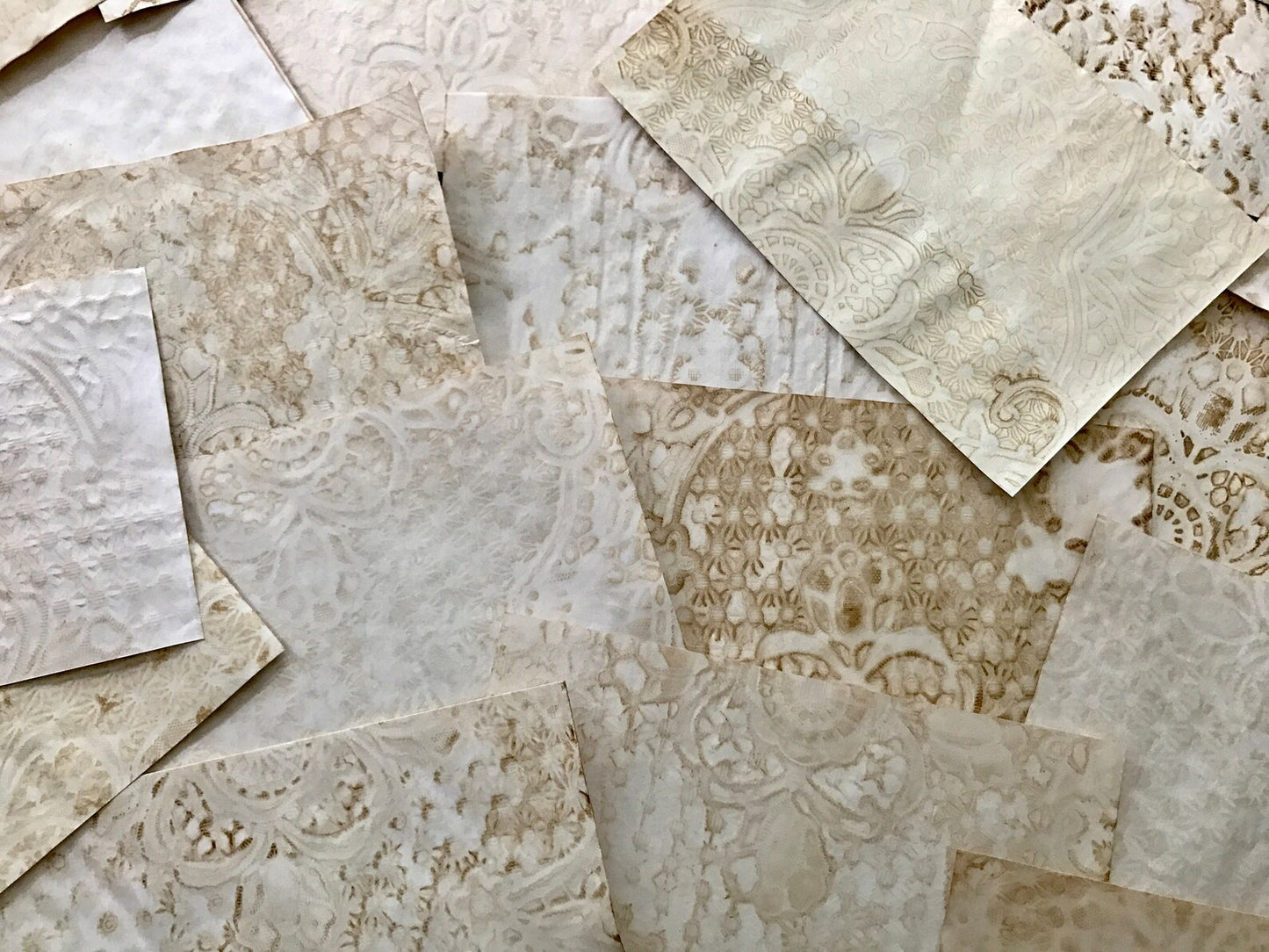 Grunge Lace Coffee Dyed Tea Dyed Paper with Lace Imprint Coffee Stain Tea Stained For use in Junk Journals, Scrapbook, Mixed Media, Collage