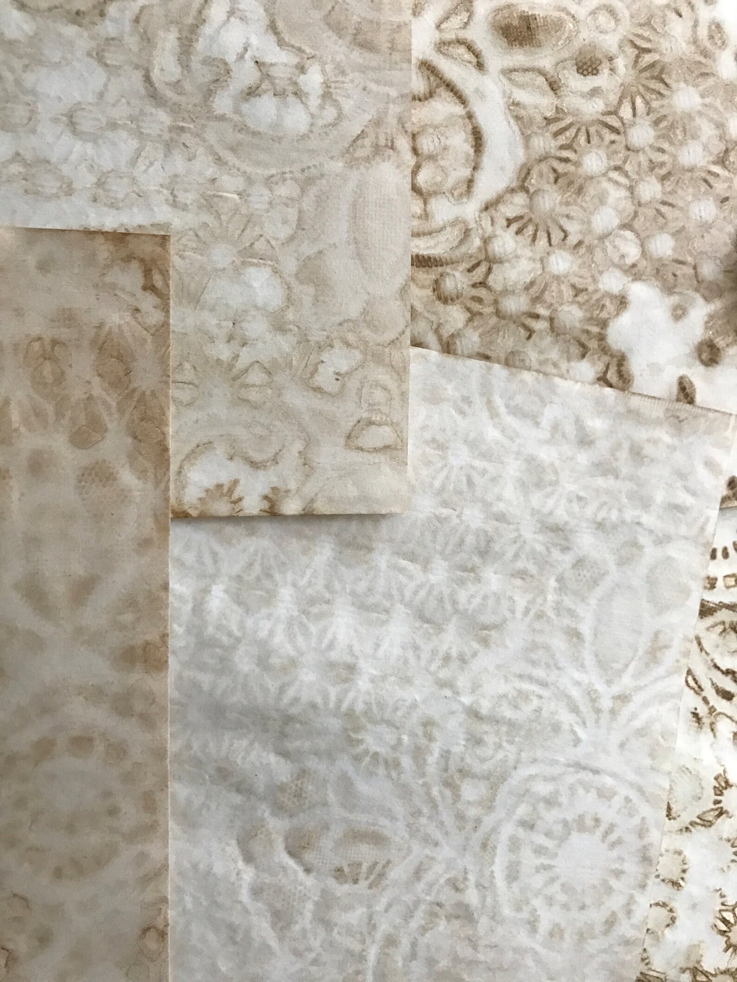 Grunge Lace Coffee Dyed Tea Dyed Paper with Lace Imprint Coffee Stain Tea Stained For use in Junk Journals, Scrapbook, Mixed Media, Collage