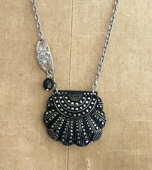 Art Deco Vintage Assemblage Black Glass Necklace OOAK