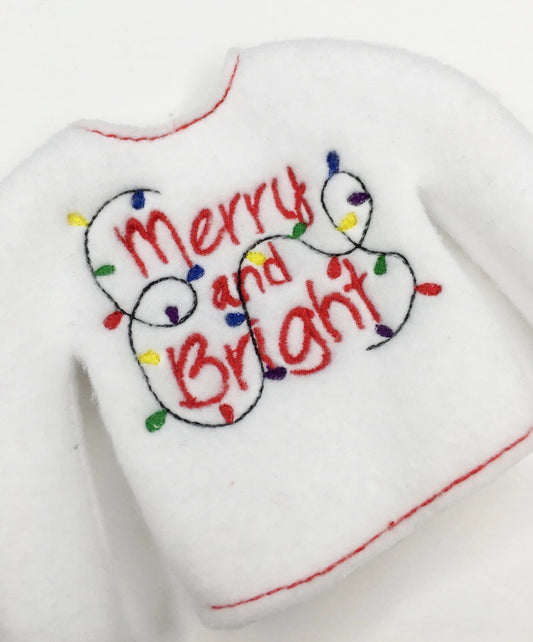 Merry and Bright Embroidered Christmas Elf Sweater Clothing Prop, Elf Clothes, 12" Doll Clothes Accessories, Christmas Ornament