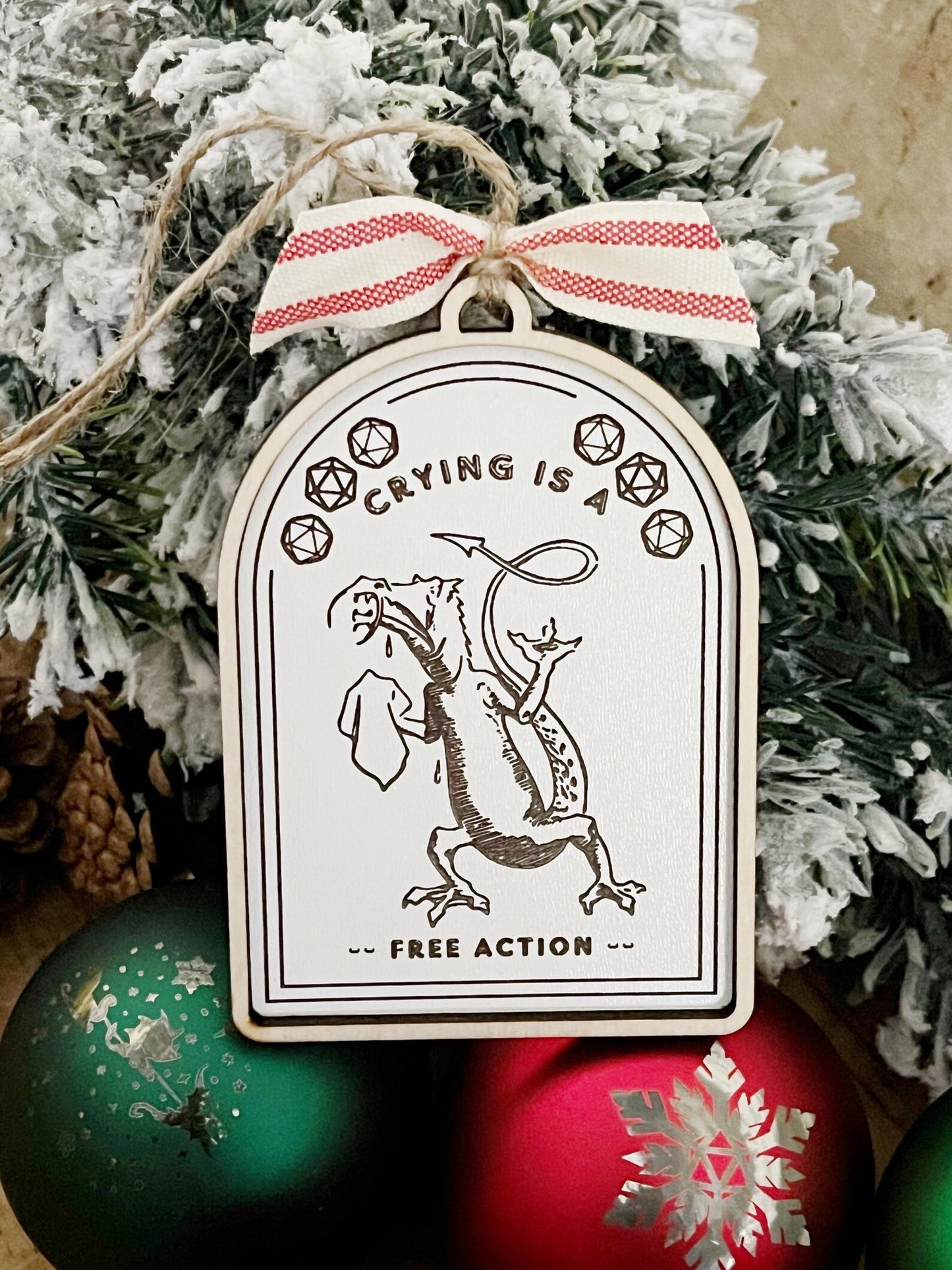 Crying is a Free Action Dragon DND Dice Game Christmas Ornament Critmas Crit Mas