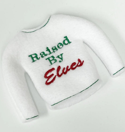 Raised by Elves Embroidered Christmas Elf Sweater Clothing Prop, Elf Clothes, Elf Squad, 12" Doll Clothes Accessories