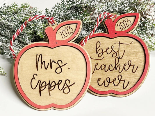 Personalized Wooden Apple Teacher Christmas Ornament