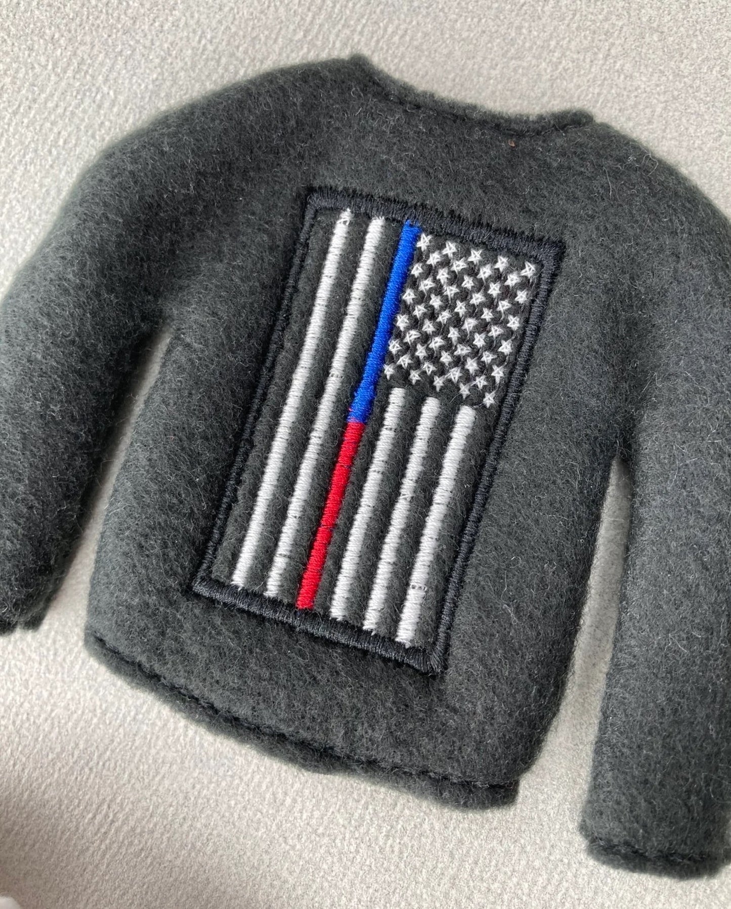 Thin Blue Red Line Police and Firefighter Embroidered Christmas Elf Sweater Clothing Prop, Ornament, Police Support, American Flag