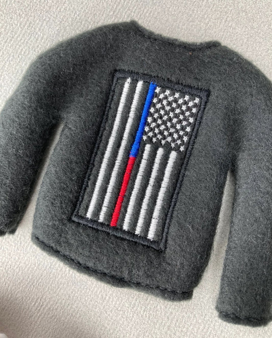 Thin Blue Red Line Police and Firefighter Embroidered Christmas Elf Sweater Clothing Prop, Ornament, Police Support, American Flag