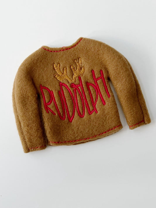 Rudolph Embroidered Christmas Elf Sweater Clothing Prop, Elf Clothes, Red Nosed Reindeer, 12" Doll Clothes Accessories, Christmas Ornament