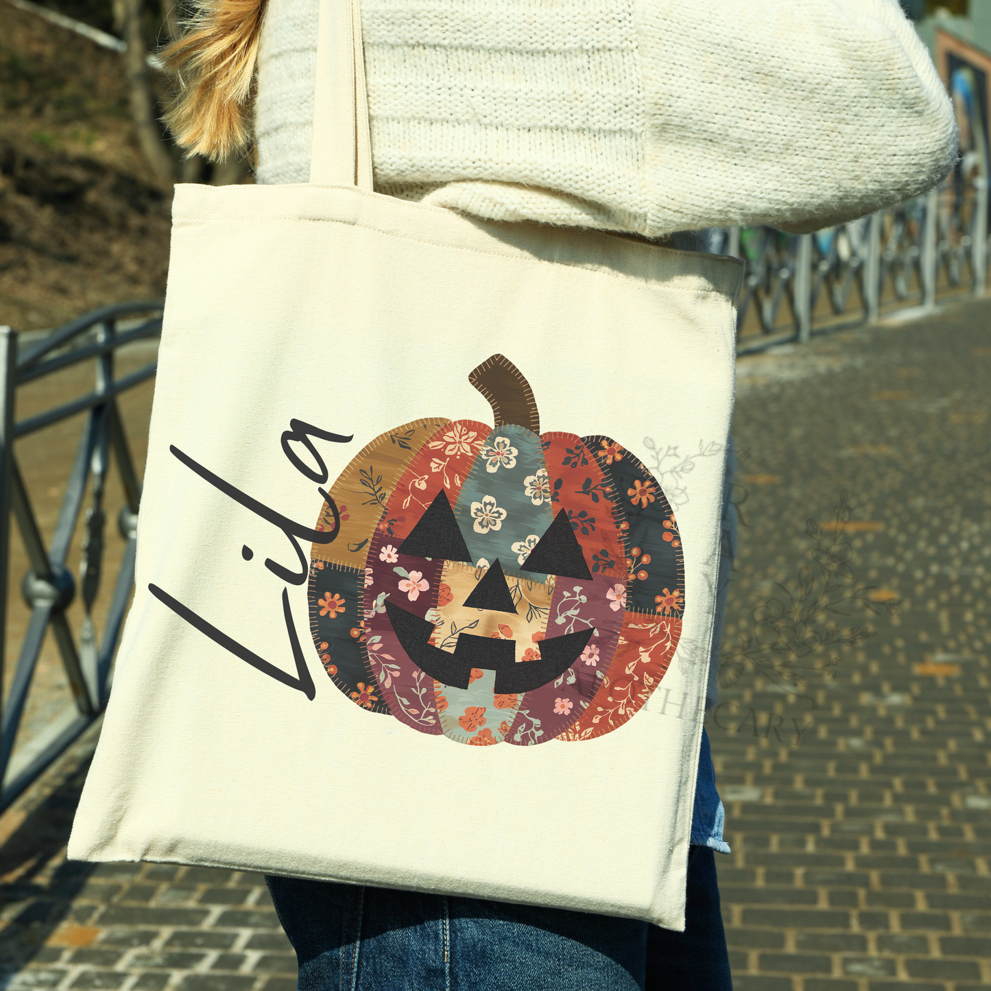 Personalized Patchwork Pumpkin Tote Bag – Boho Summerween Vibes