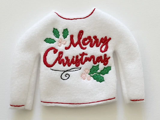 Merry Christmas Embroidered Elf Sweater - Festive 12" Doll Clothing Prop