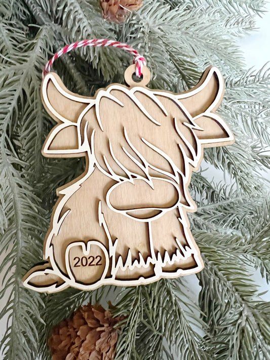Wooden 2025 Baby Highland Cow Christmas Ornament